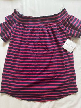 Liz Claiborne Navy and Bright Pink Striped Off-Shoulder Tee